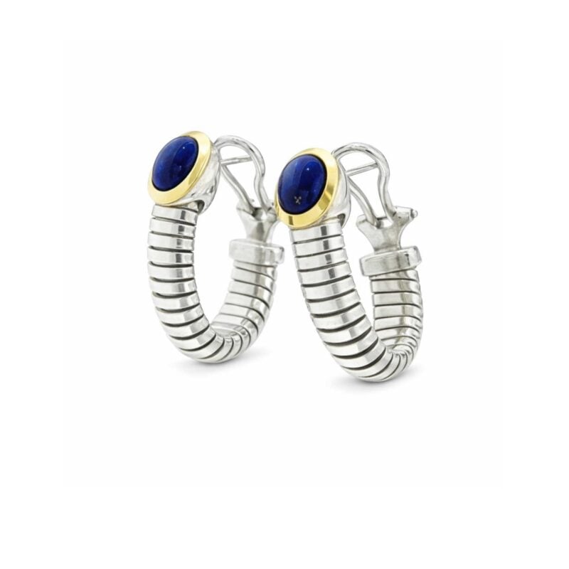 Orecchini Cerchi Tubogas Argento fili oro e lapislazzulo
