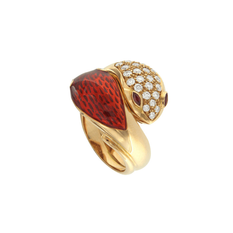 Anello serpenti '70 in oro rosa con antica lavorazione a smalto