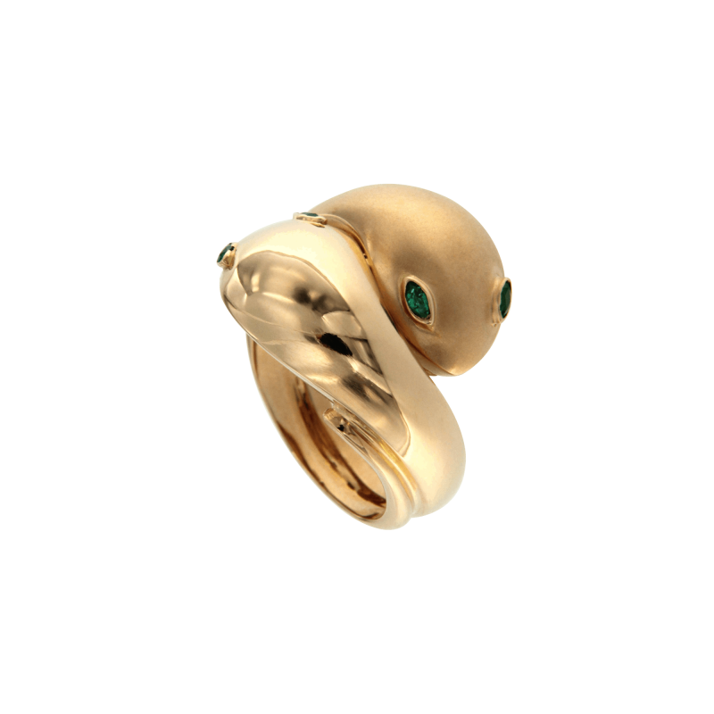 Anello serpenti '70 in oro rosa lucido e sabbiato 4 smeraldi