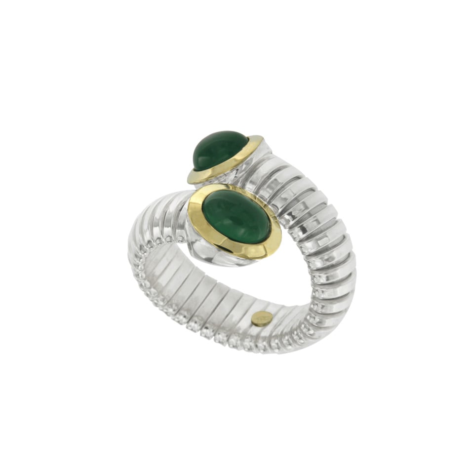 Anello tubogas contrariè argento oro agata verde