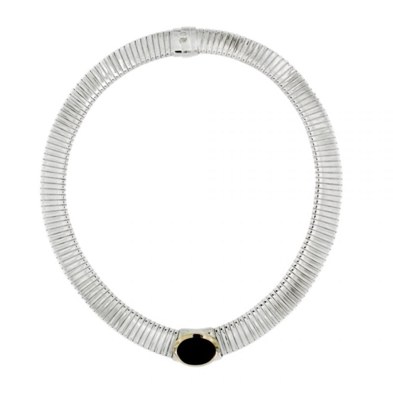 collana-tubogas-in-argento-925-con-finiture-oro-e-onice-aregento, silver onix nacklace