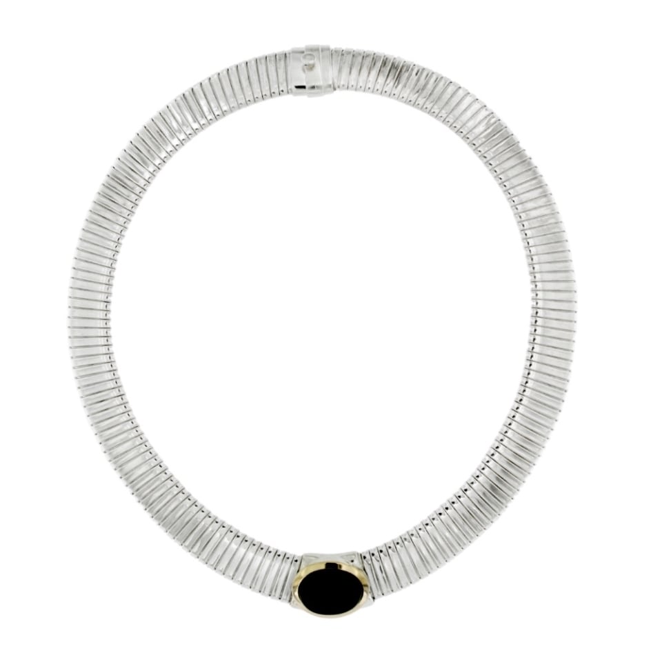 collana-tubogas-in-argento-925-con-finiture-oro-e-onice-aregento, silver onix nacklace