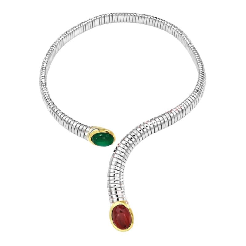Collana Tubogas argento oro e pietre dure corniola e agata verde