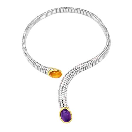 Collana Tubogas argento fili oro e due pietre ametista e citrino 