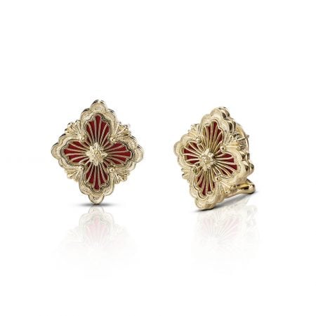 Orecchini Buccellati Opera in oro giallo e smalto cattedrale rosso earrings sconto discount