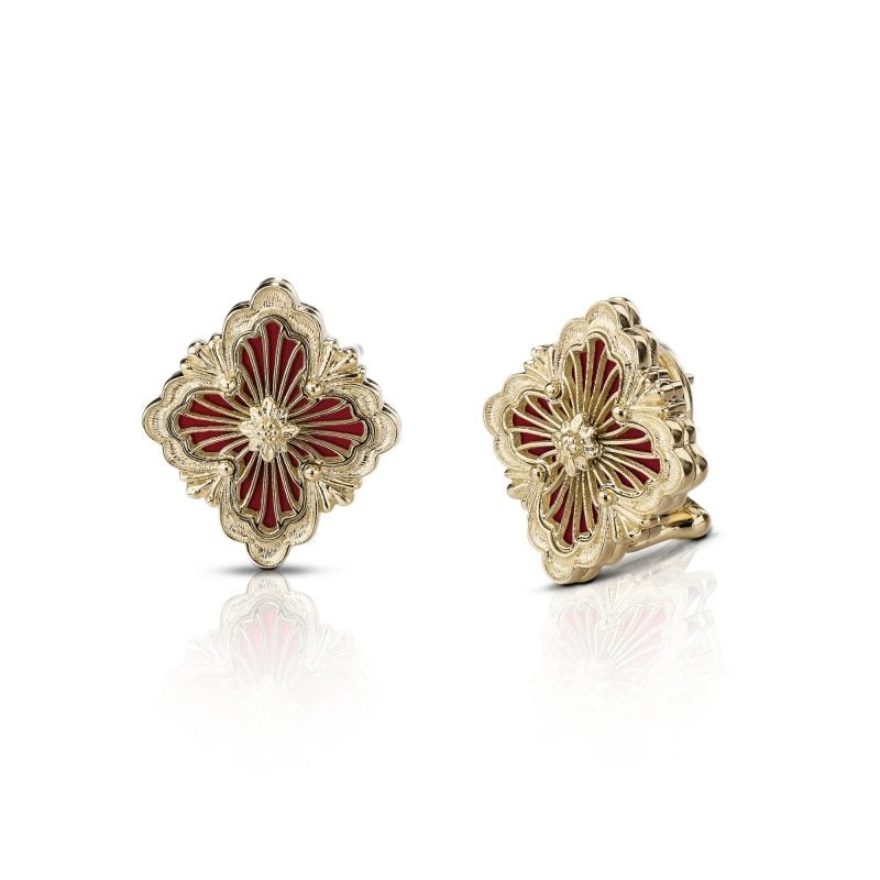 Orecchini Buccellati Opera in oro giallo e smalto cattedrale rosso earrings sconto discount