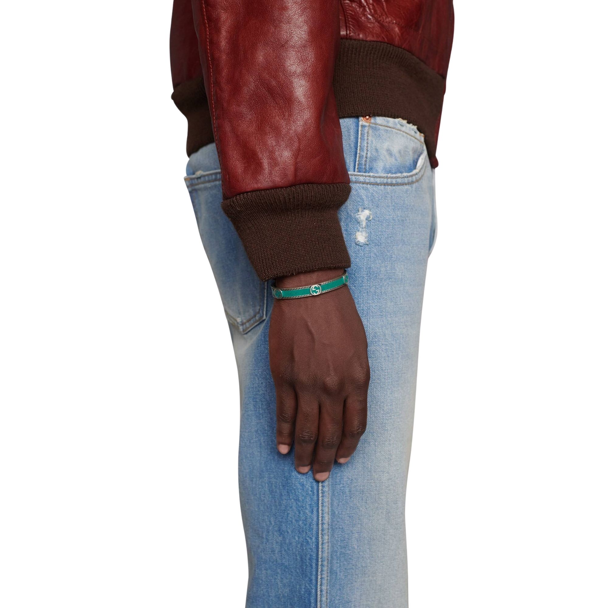 GUCCI Bracciale Interlocking con logo GG e smalto turchese