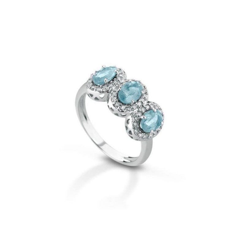 Anello trilogy con diamanti e acquamarine Trilogy ring with diamonds and aquamarines
