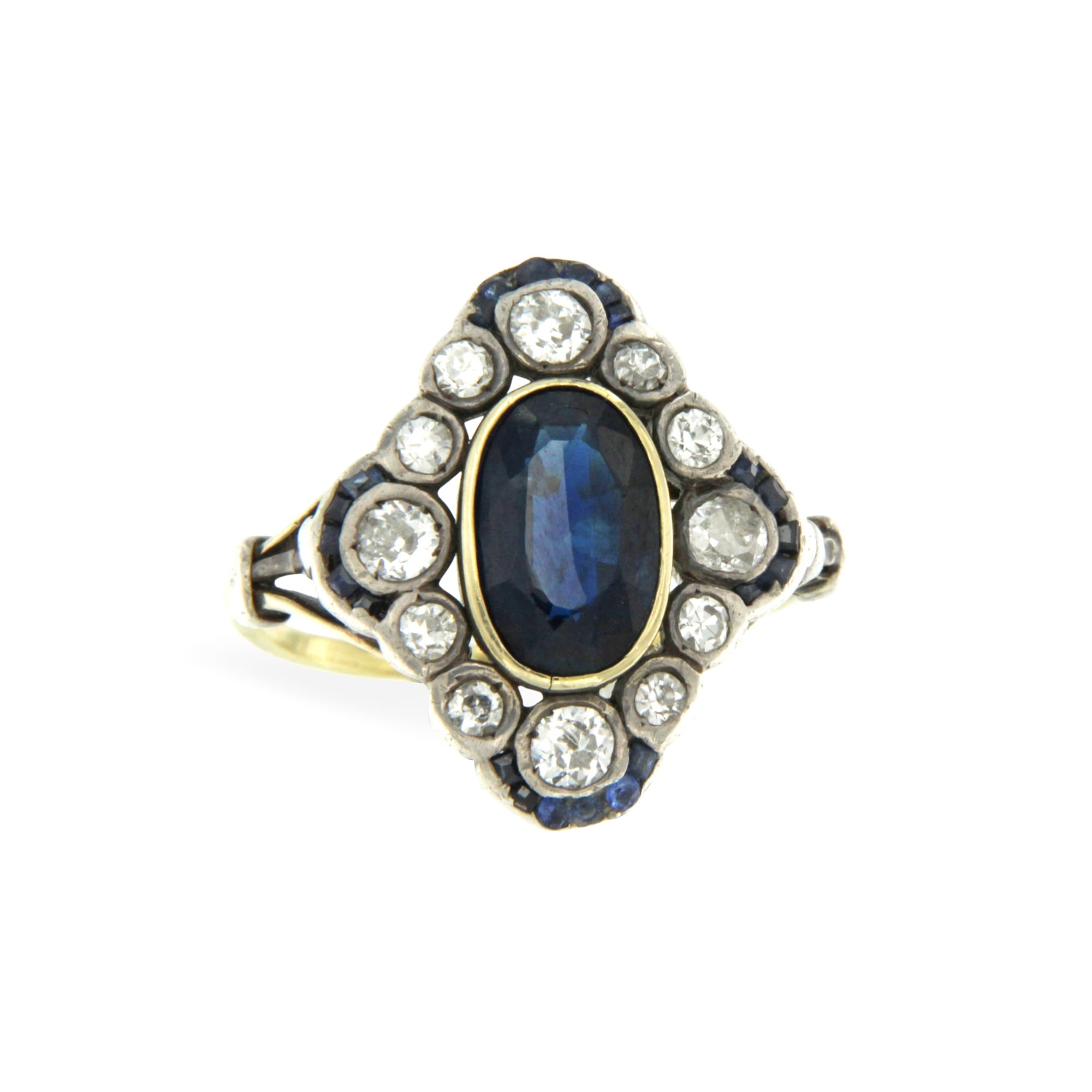 Anello in oro giallo e argento con diamanti taglio vecchio e zaffiro blu ancient ring sapphire diamonds sconto discount a