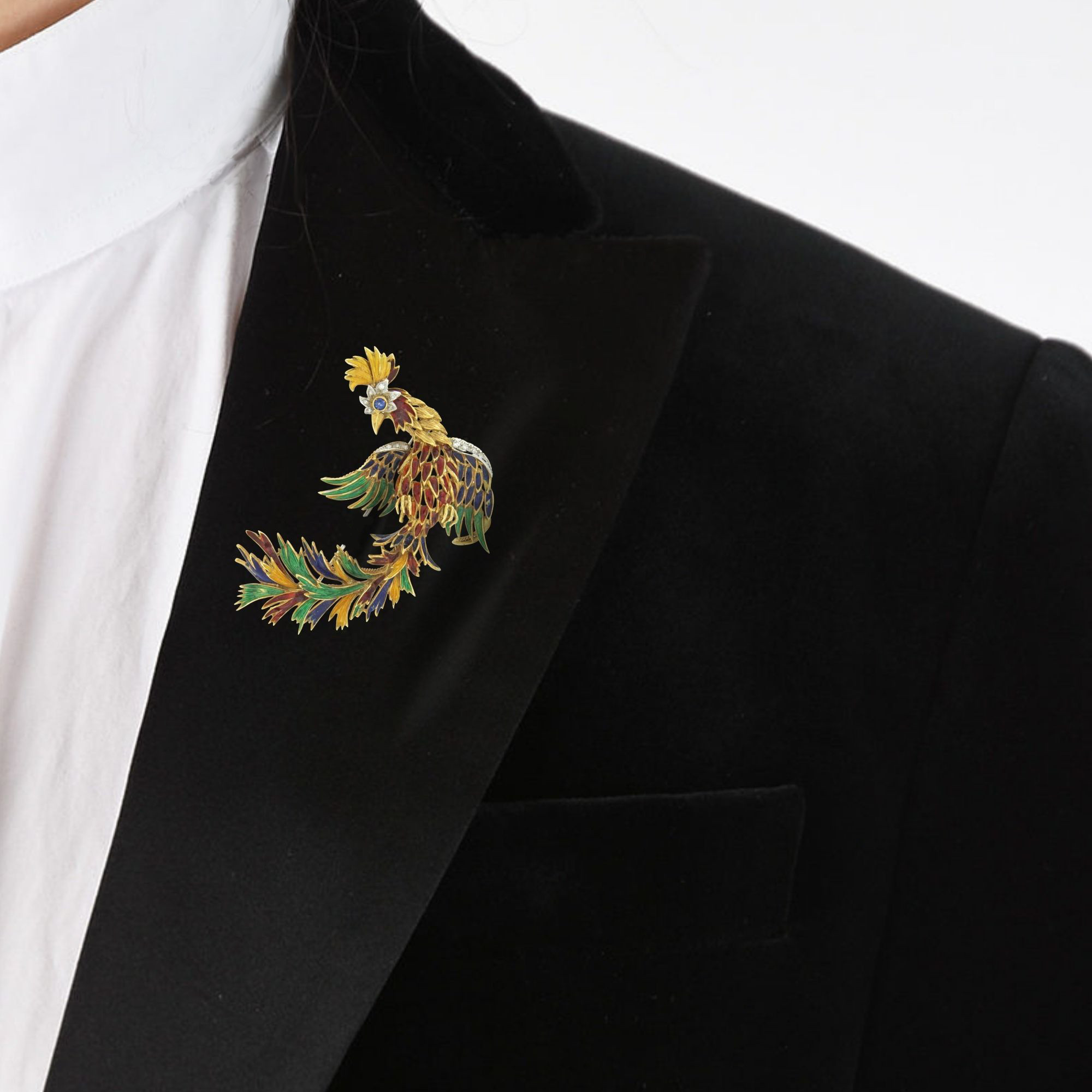 splilla uccello del paradiso oro diamanti e smalti Lunati b brooch for him