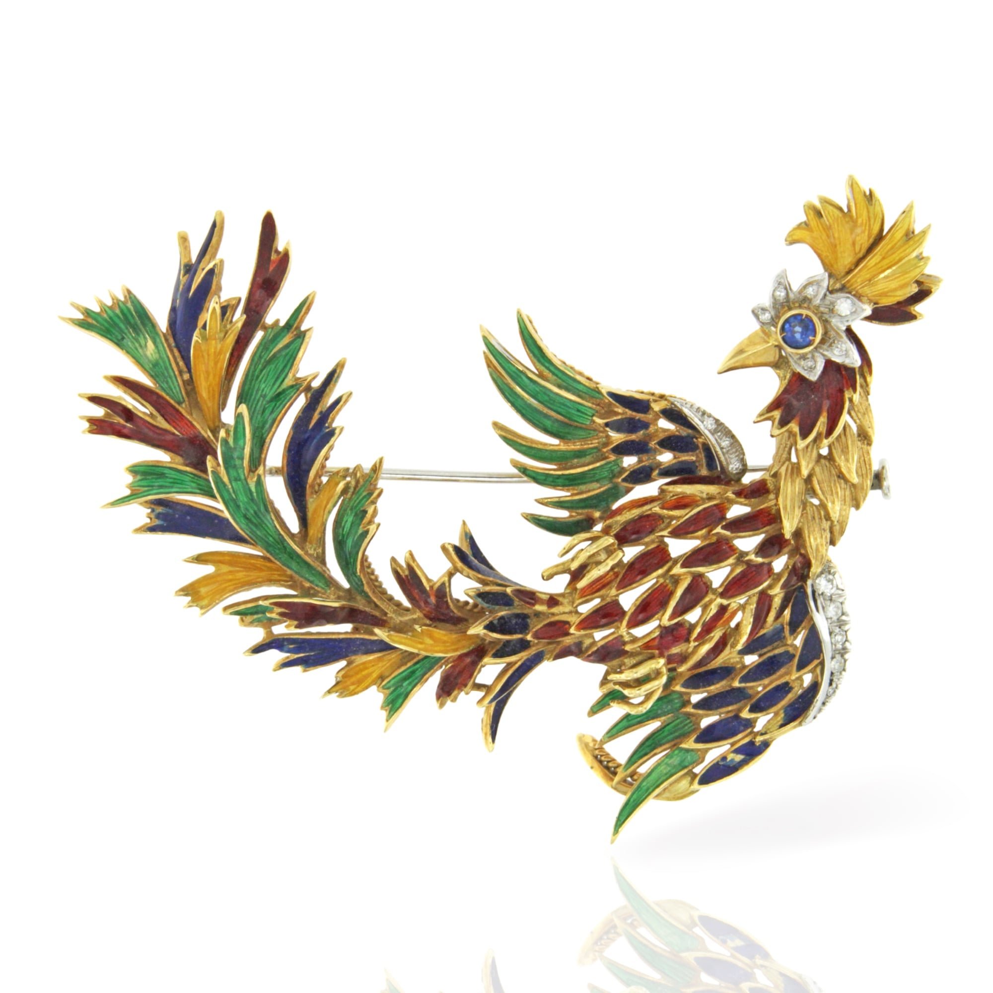 spilla uccello del paradiso oro diamanti e smalti Lunati pin brooch enamel diamond sapphires