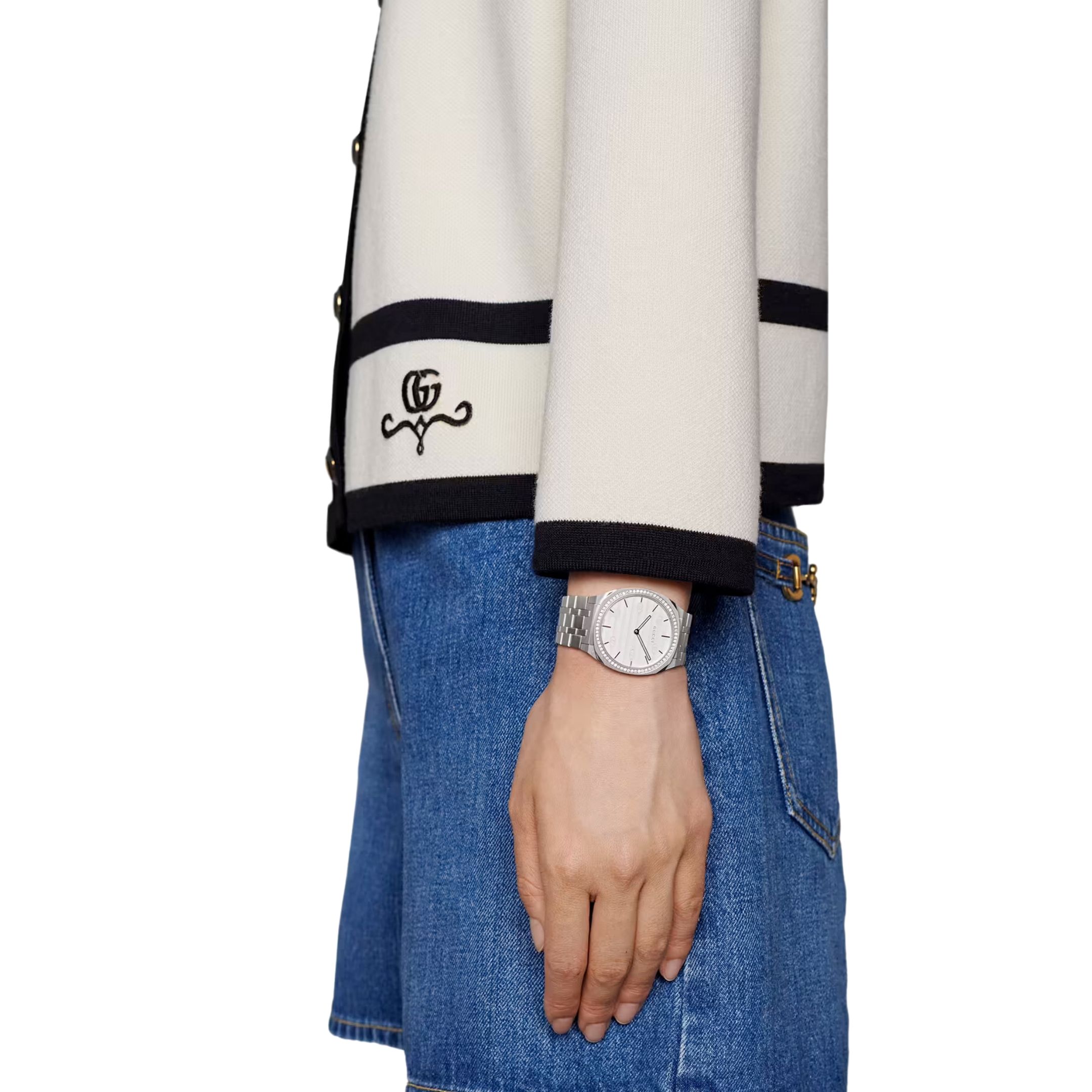 Orologio Gucci 25H 34 Diamonds quadrante in ottone bianco con motivo GG - immagine 4