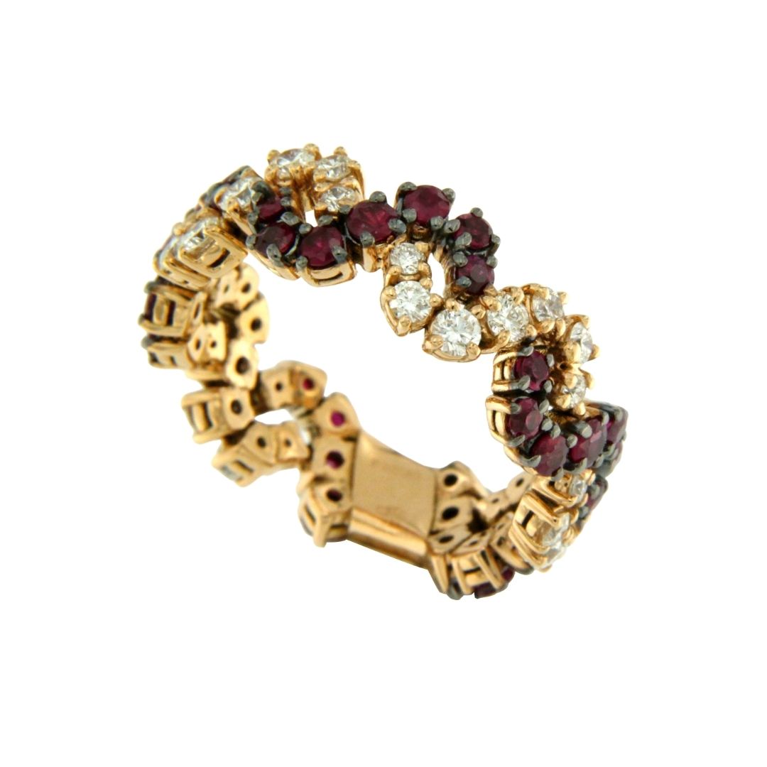 Anello Intrecci oro bianco con diamanti e rubini