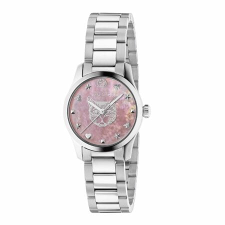 Orologio Gucci G-Timeless 27mm quadrante madreperla rosa con motivo testa di felino