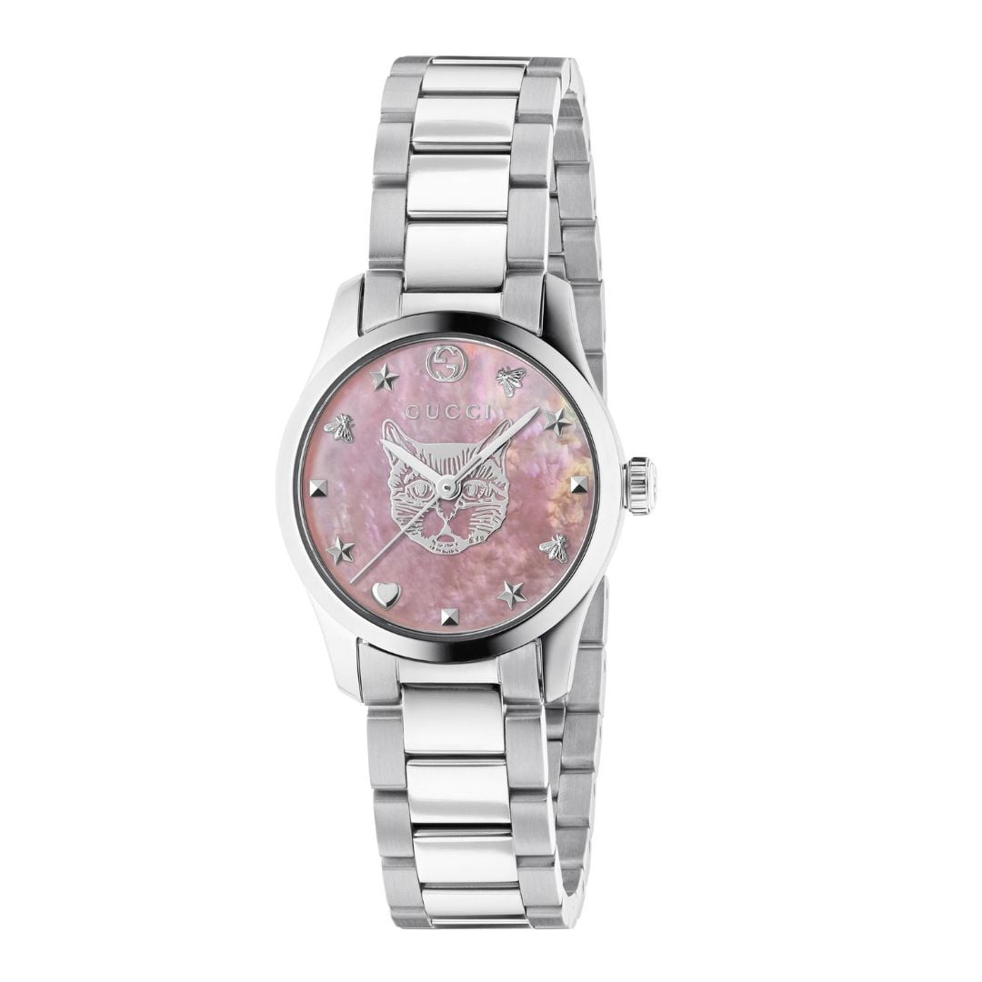 Orologio Gucci G-Timeless 27mm quadrante madreperla rosa con motivo testa di felino