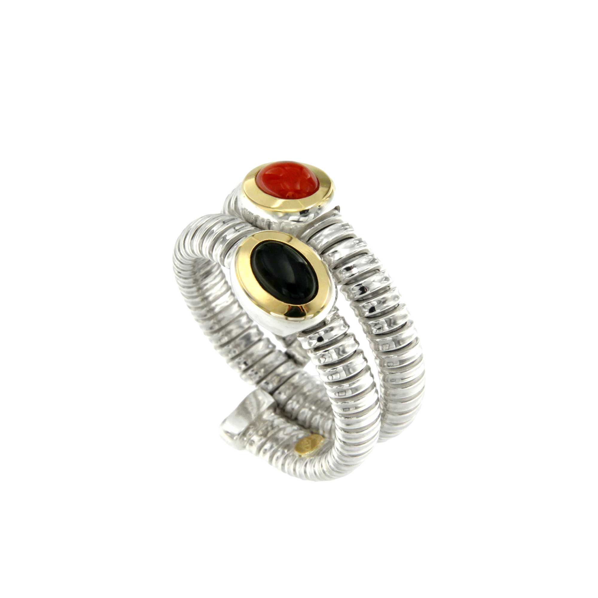 Anello 2 Giri Tubogas con Onice e Corallo