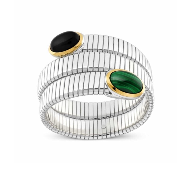 Bracciale tubogas 3 giri argento e pietre dure malachite e onice