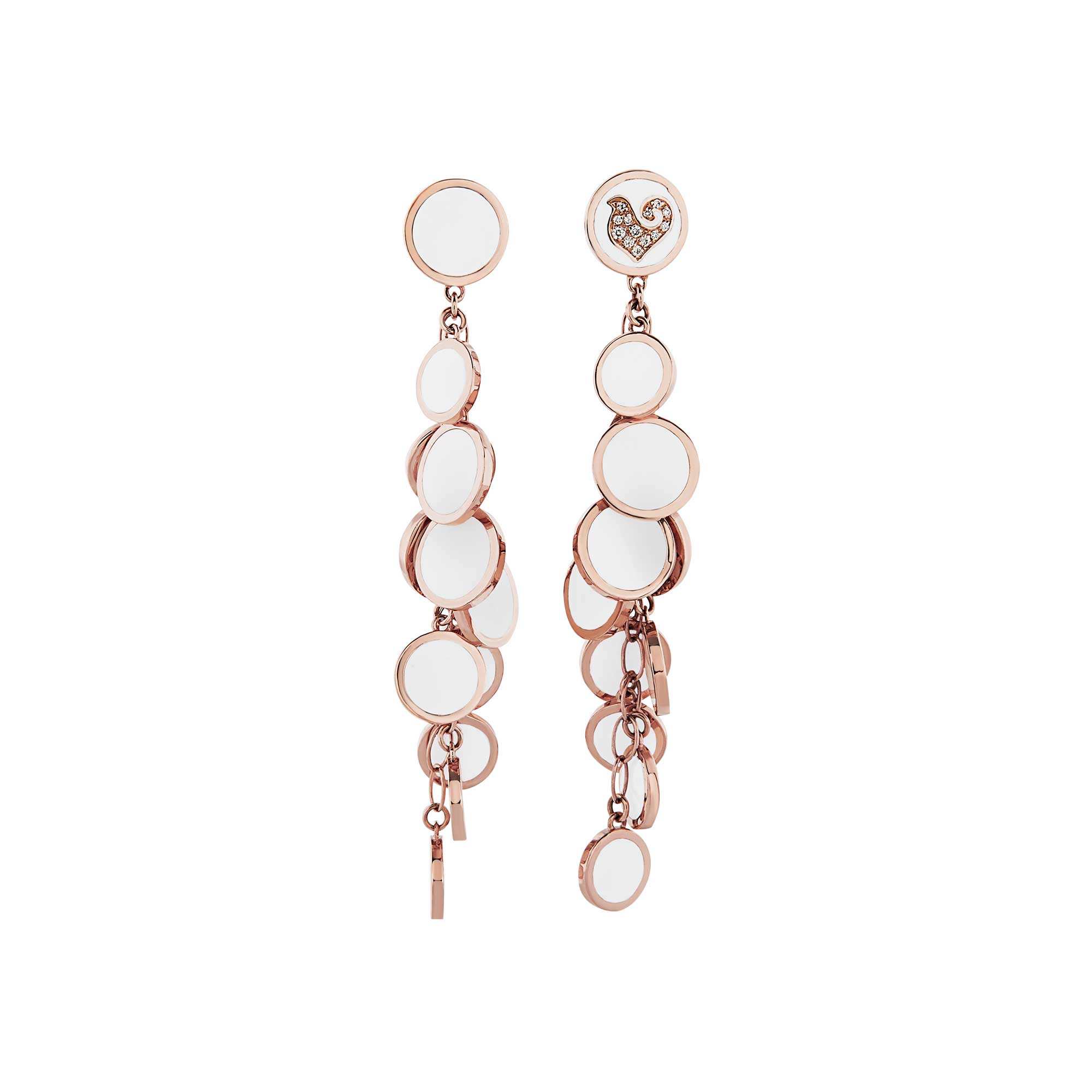 ORECCHINI PENDENTI PAILLETTES IN ORO ROSA,DIAMANTI E SMALTO BIANCO