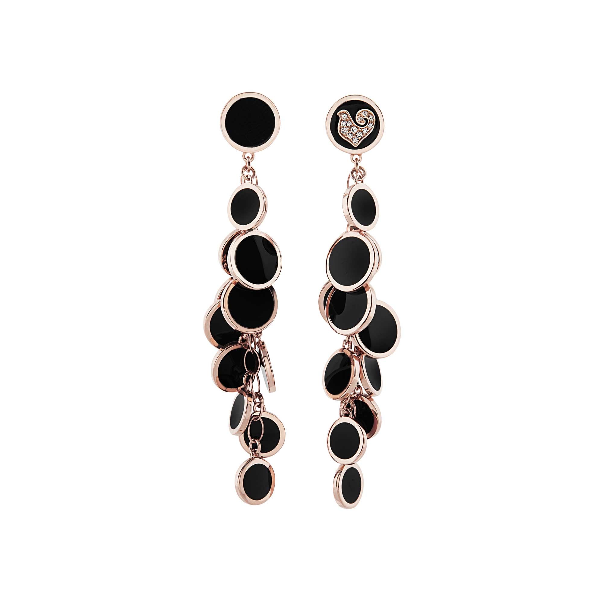 Paillettes cascade earrings in pink gold, diamonds and black enamel