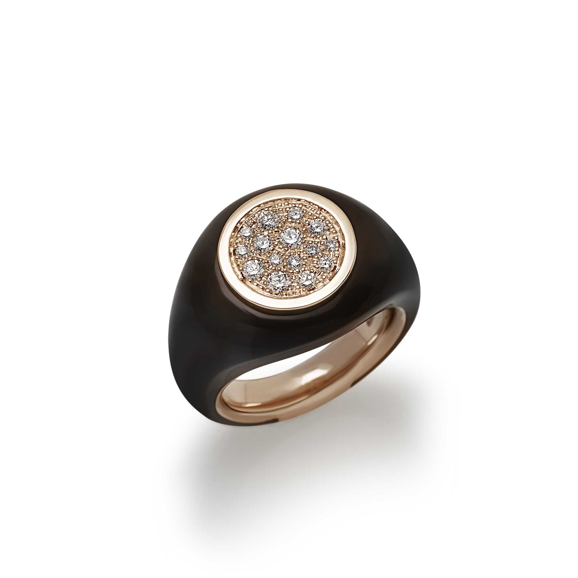 Anello Paillettes Sygillum in oro, pavè di diamanti e smalto nero