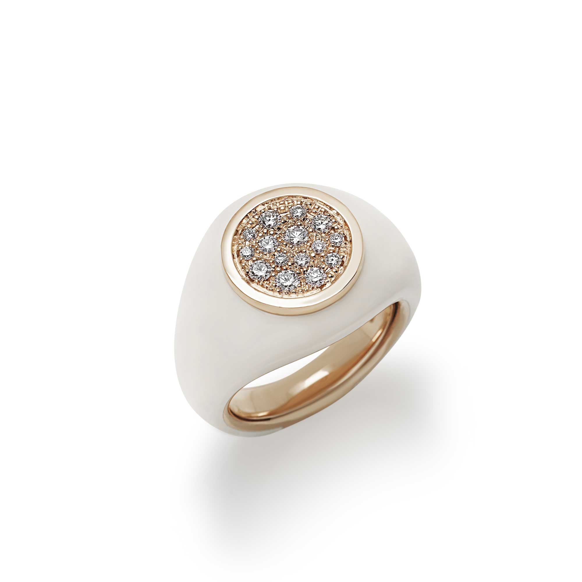 Paillettes Sygillum ring in gold, diamonds pavè and white enamel
