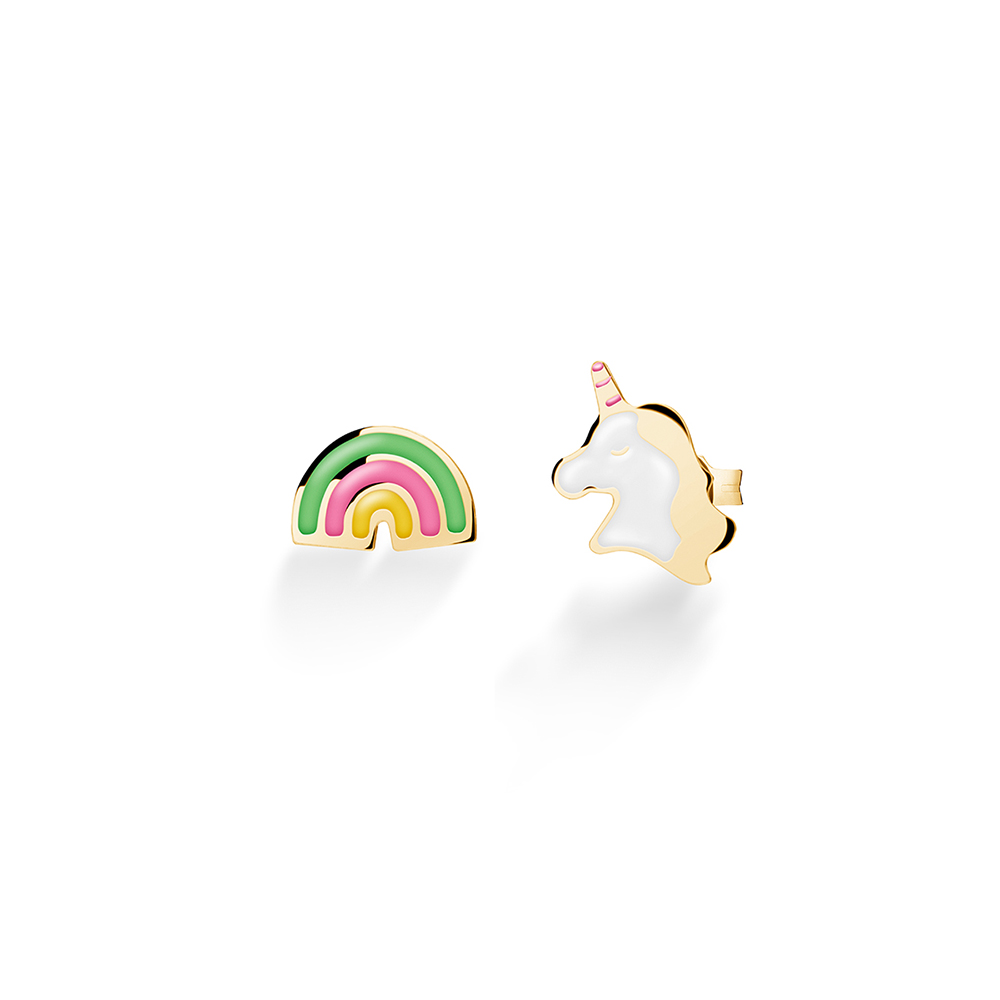 ORECCHINI TOYS CON UNICORNO E ARCOBALENO IN ORO GIALLO