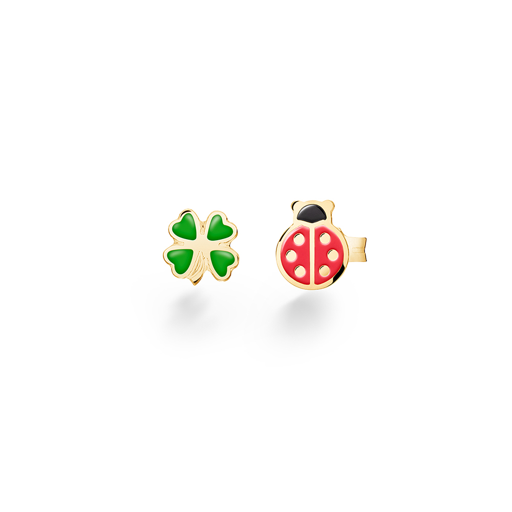 ORECCHINI FORTUNA CON COCCINELLA O E QUADRIFOGLIO IN ORO GIALLO