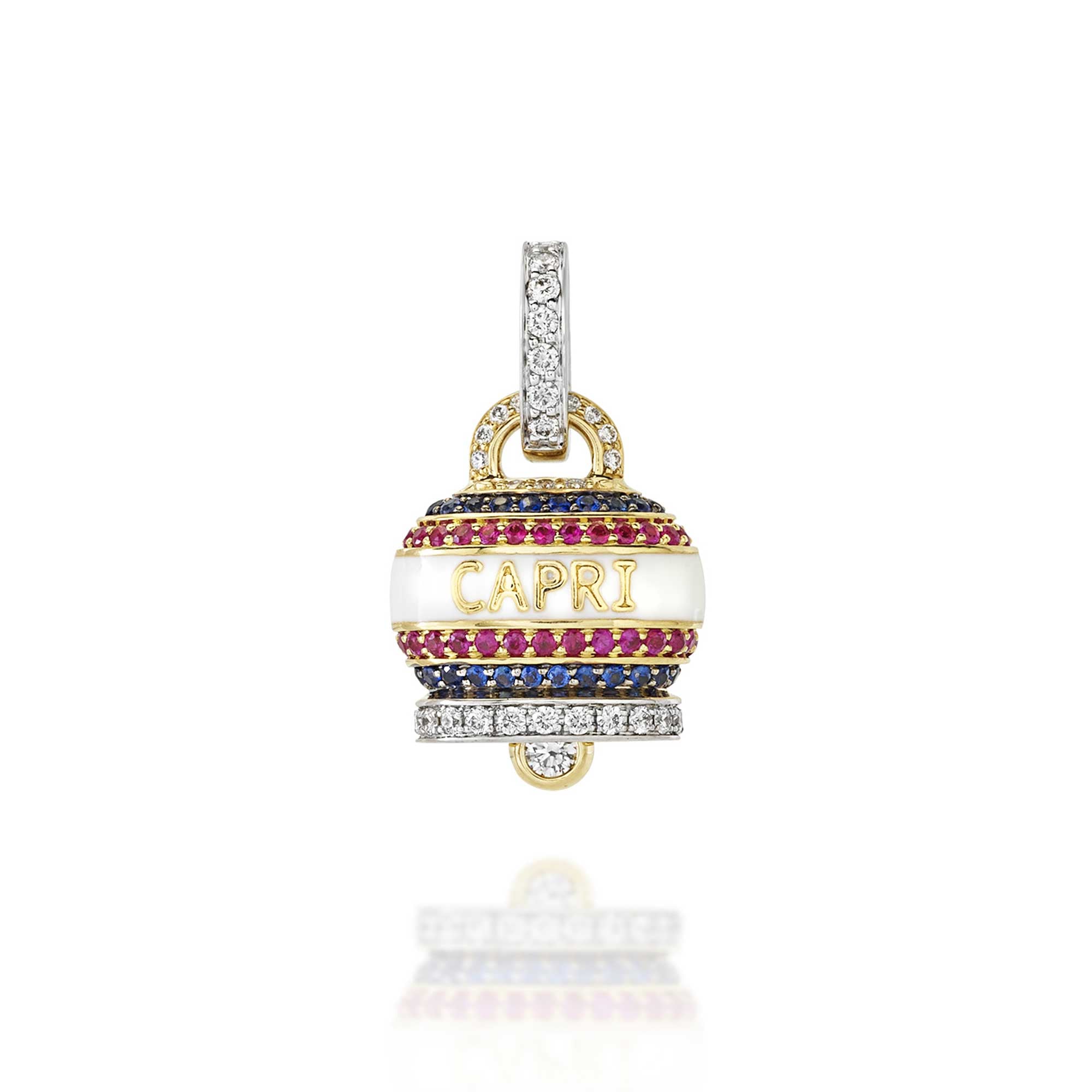 Medium Campanella charm in 18Kt yellow gold diamonds rubies sapphires and white enamel