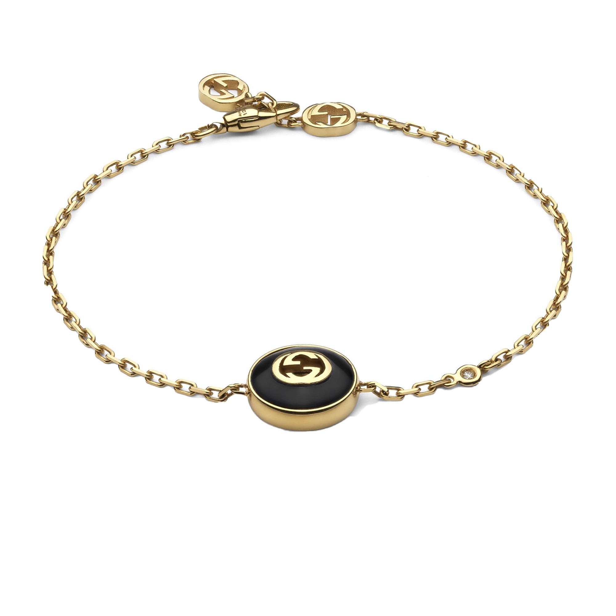 BRACCIALE A CATENA GUCCI INTERLOCKING IN ORO GIALLO CON ONICE E DIAMANTE 0,008 CT