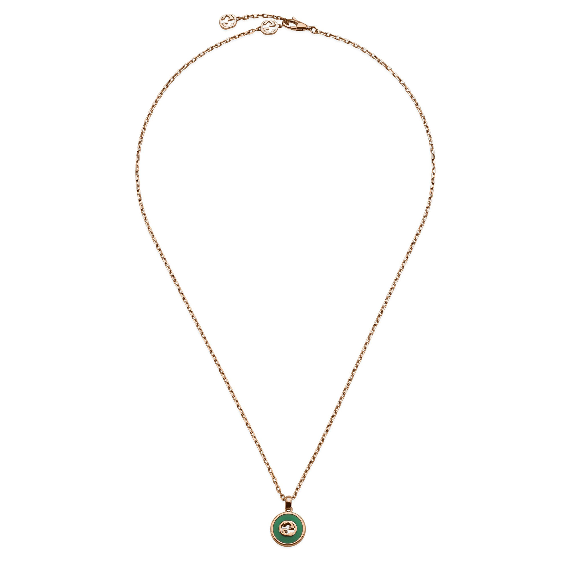 COLLANA GUCCI INTERLOCKING IN ORO ROSA A CATENA LUNGA CON AGATA VERDE E DIAMANTE 0,021 CT - immagine 2