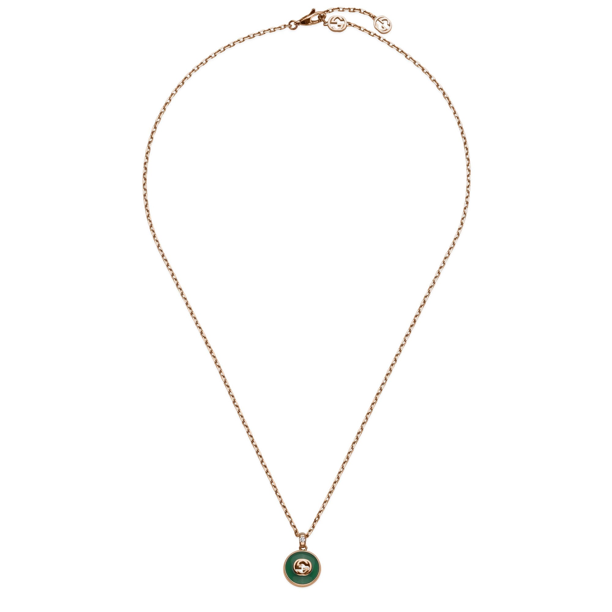 COLLANA GUCCI INTERLOCKING IN ORO ROSA A CATENA LUNGA CON AGATA VERDE E DIAMANTE 0,021 CT