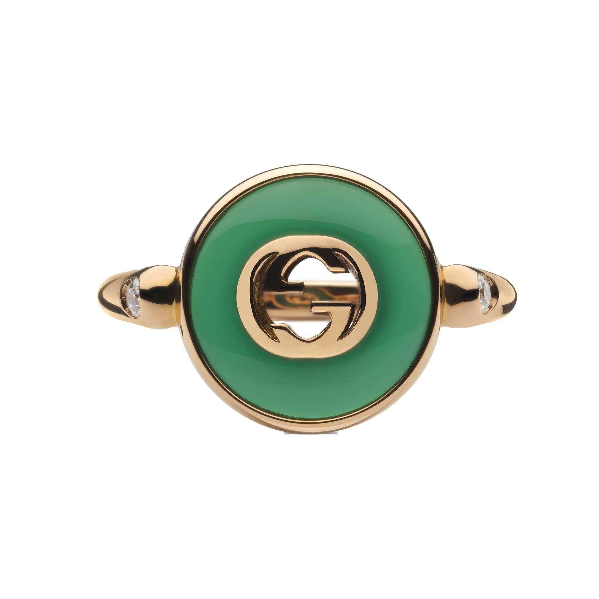 ANELLO GUCCI INTERLOCKING IN ORO GIALLO CON AGATA VERDE E DIAMANTI 0,042 CT - immagine 2
