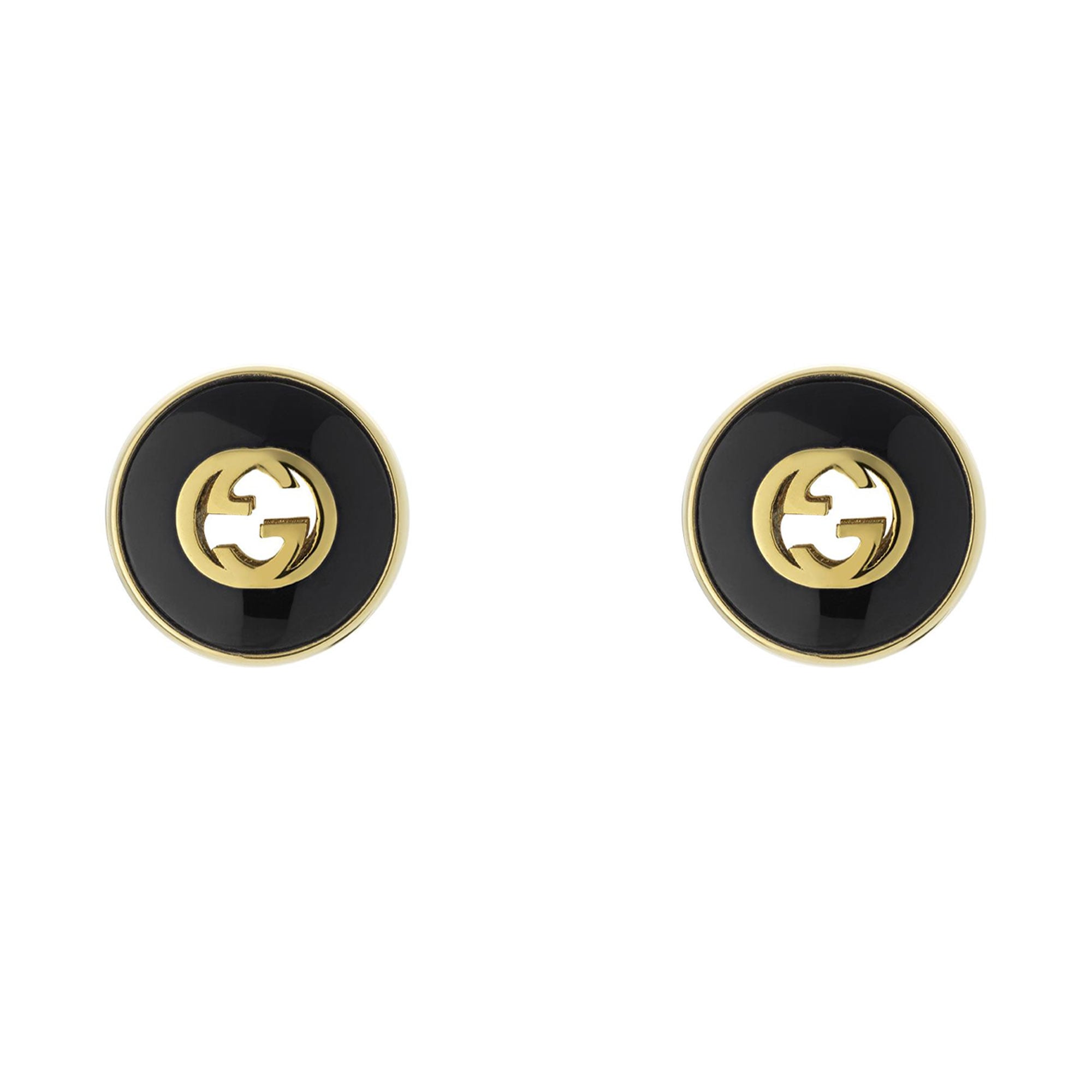 ORECCHINI A BOTTONE GUCCI INTERLOCKING IN ORO GIALLO E ONICE NERO 12 MM