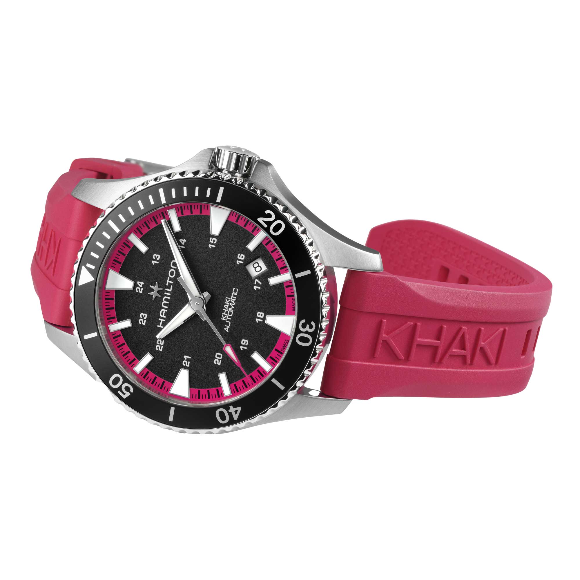 KHAKI NAVY SCUBA AUTO cinturino in caucciù rosa acceso e quadrante nero a contrasto 40 MM - immagine 2