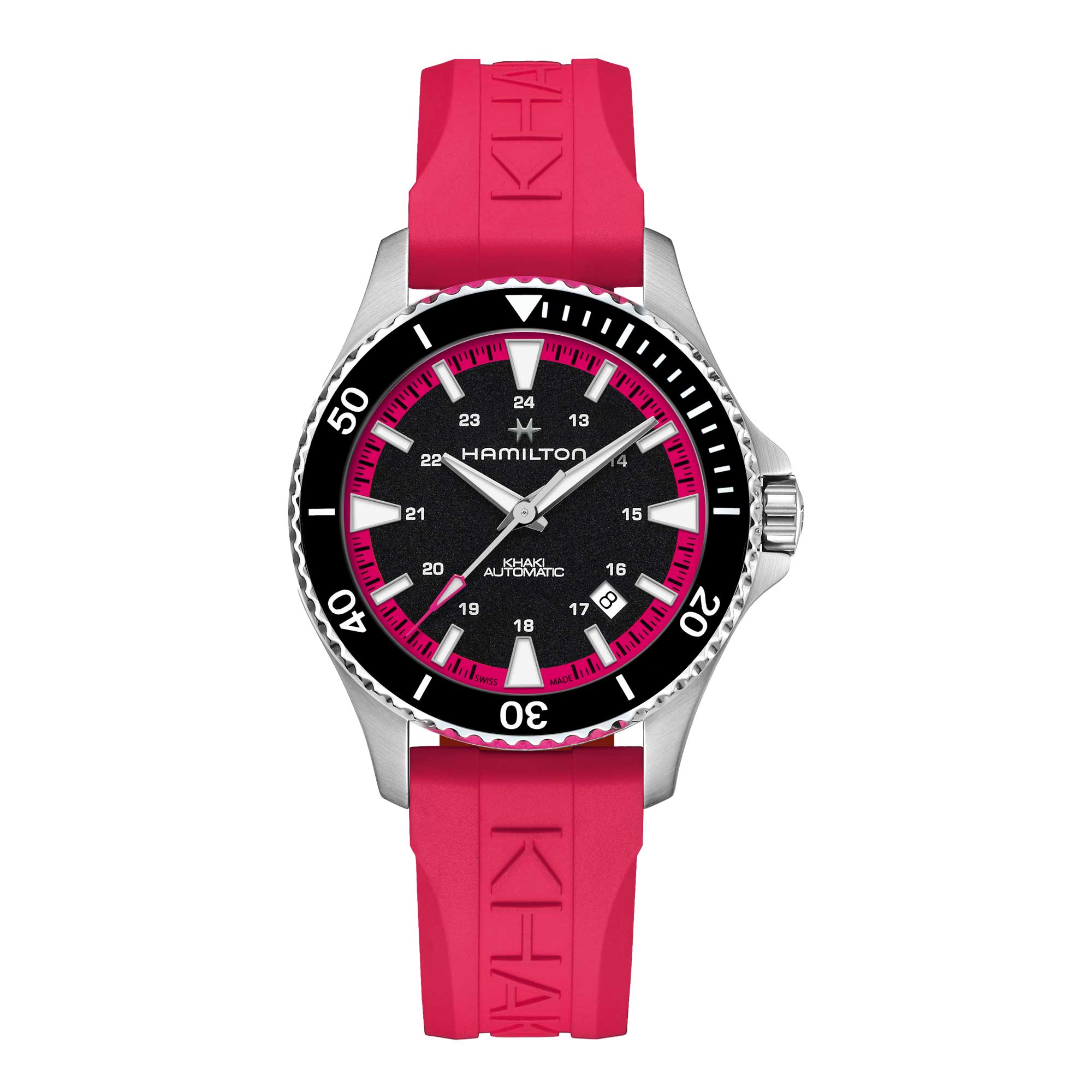 KHAKI NAVY SCUBA AUTO cinturino in caucciù rosa acceso e quadrante nero a contrasto 40 MM