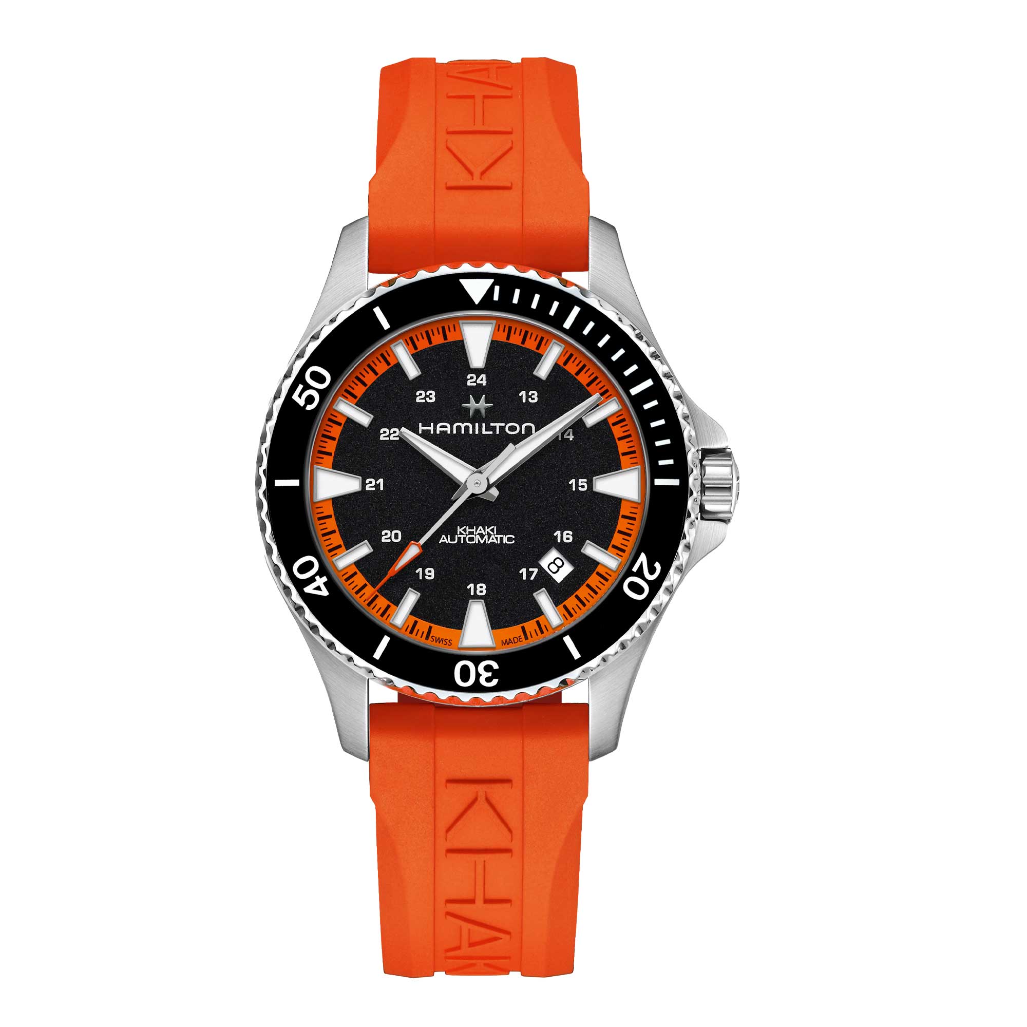 KHAKI NAVY SCUBA AUTO CAUCCIÙ ARANCIONE E AL QUADRANTE NERO A CONTRASTO 40 MM