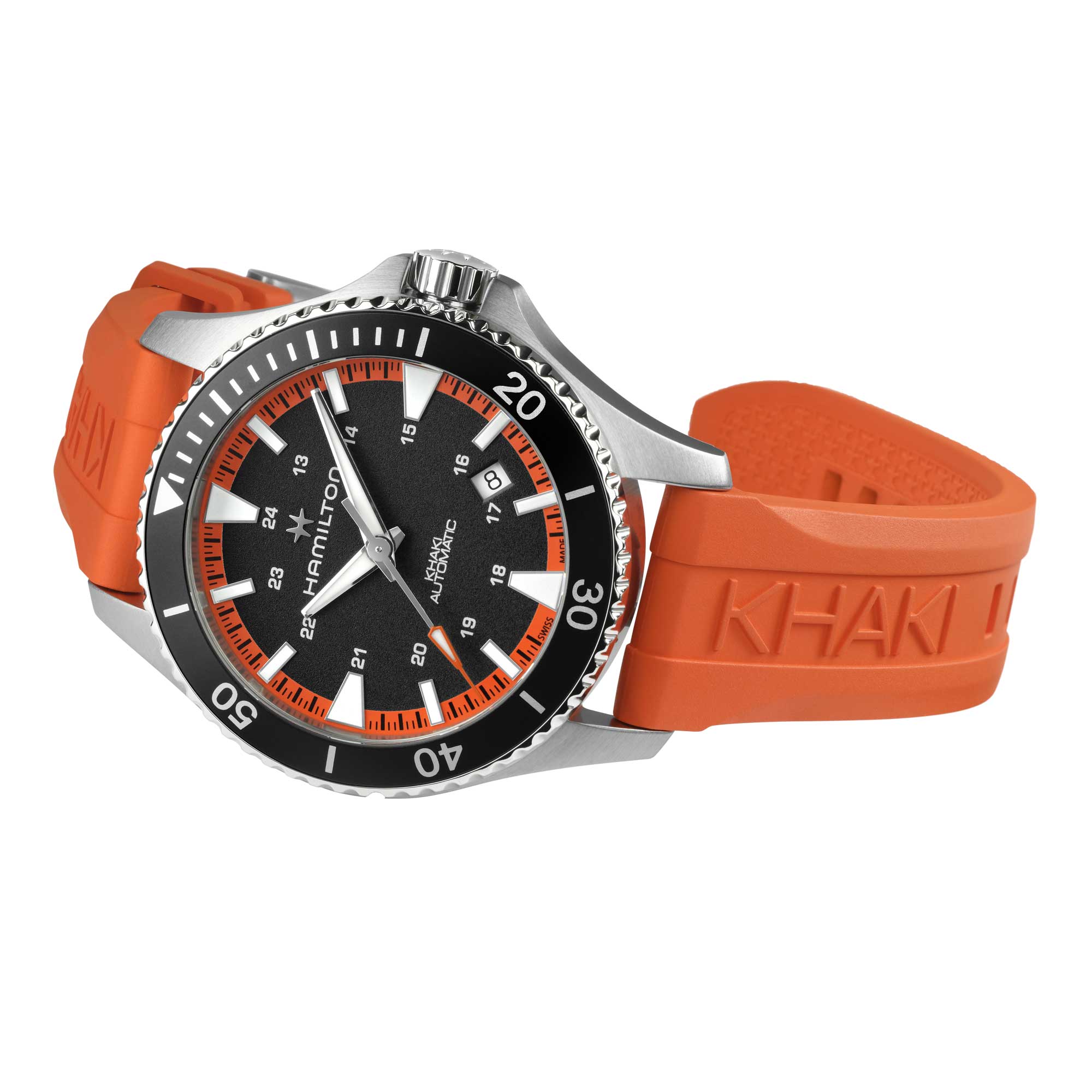 KHAKI NAVY SCUBA AUTO CAUCCIÙ ARANCIONE E AL QUADRANTE NERO A CONTRASTO 40 MM - immagine 3