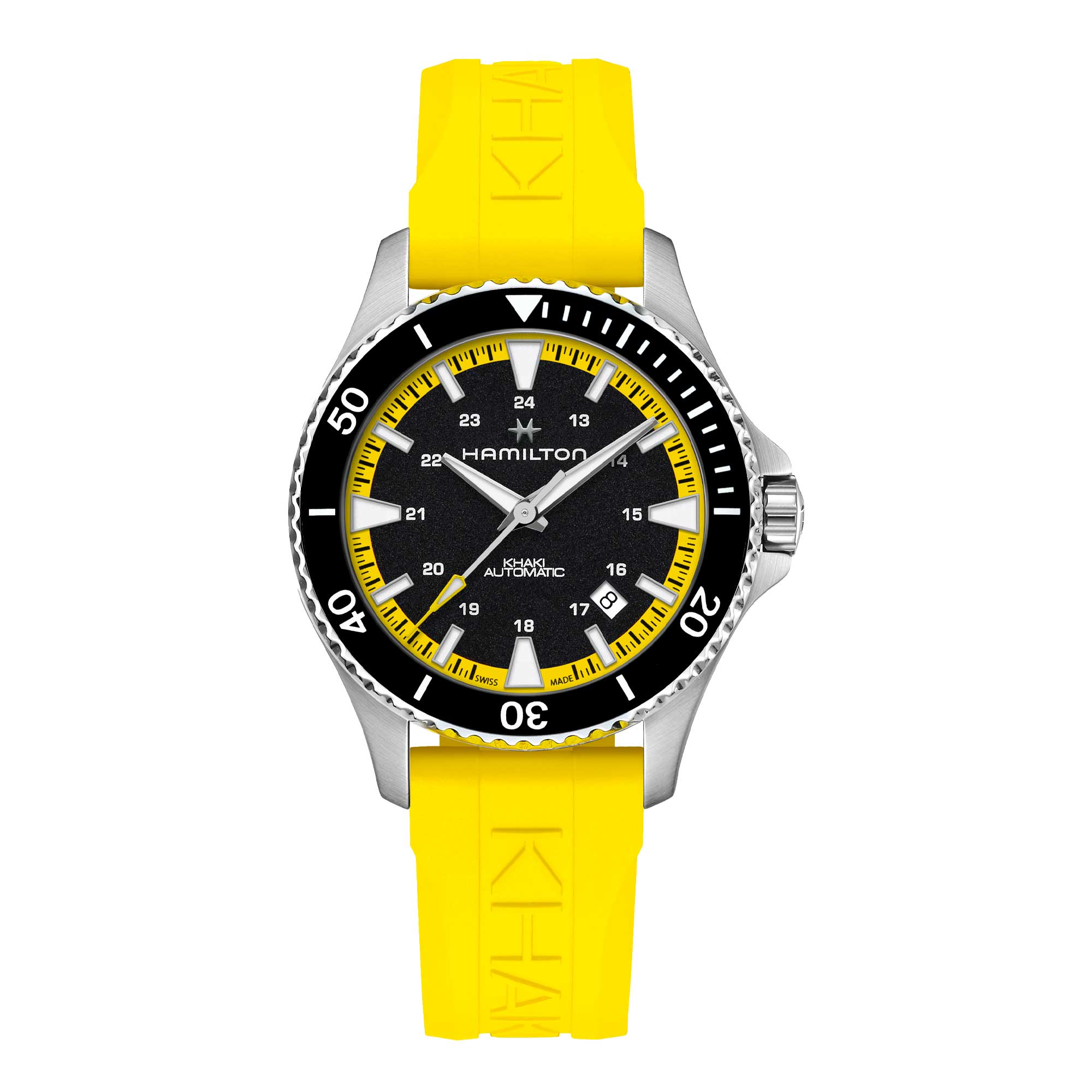 KHAKI NAVY SCUBA AUTO acid yellow rubber strap and contrasting black dial 40 MM