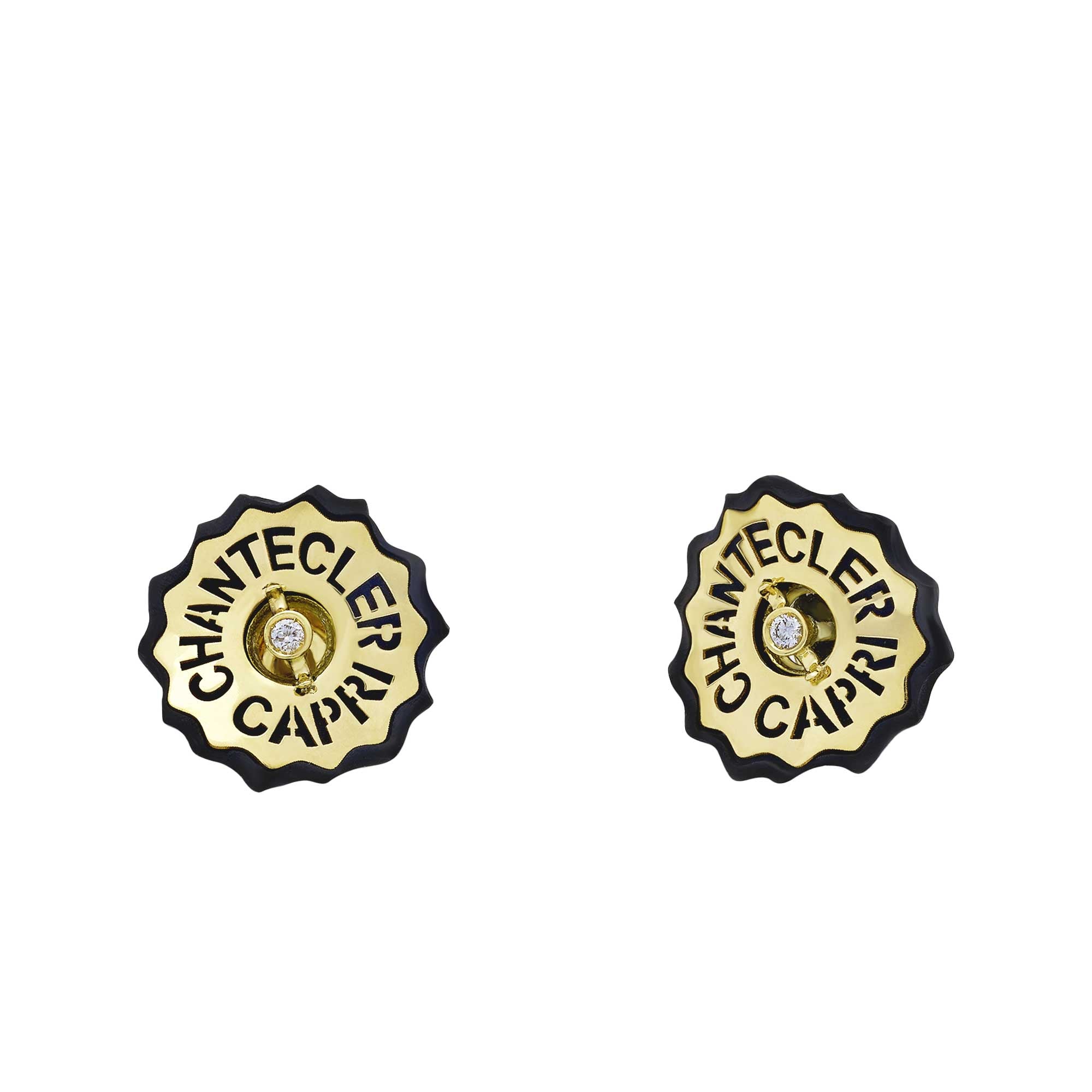 Logo lobe earrings in 18Kt yellow gold with diamonds and black matte resin