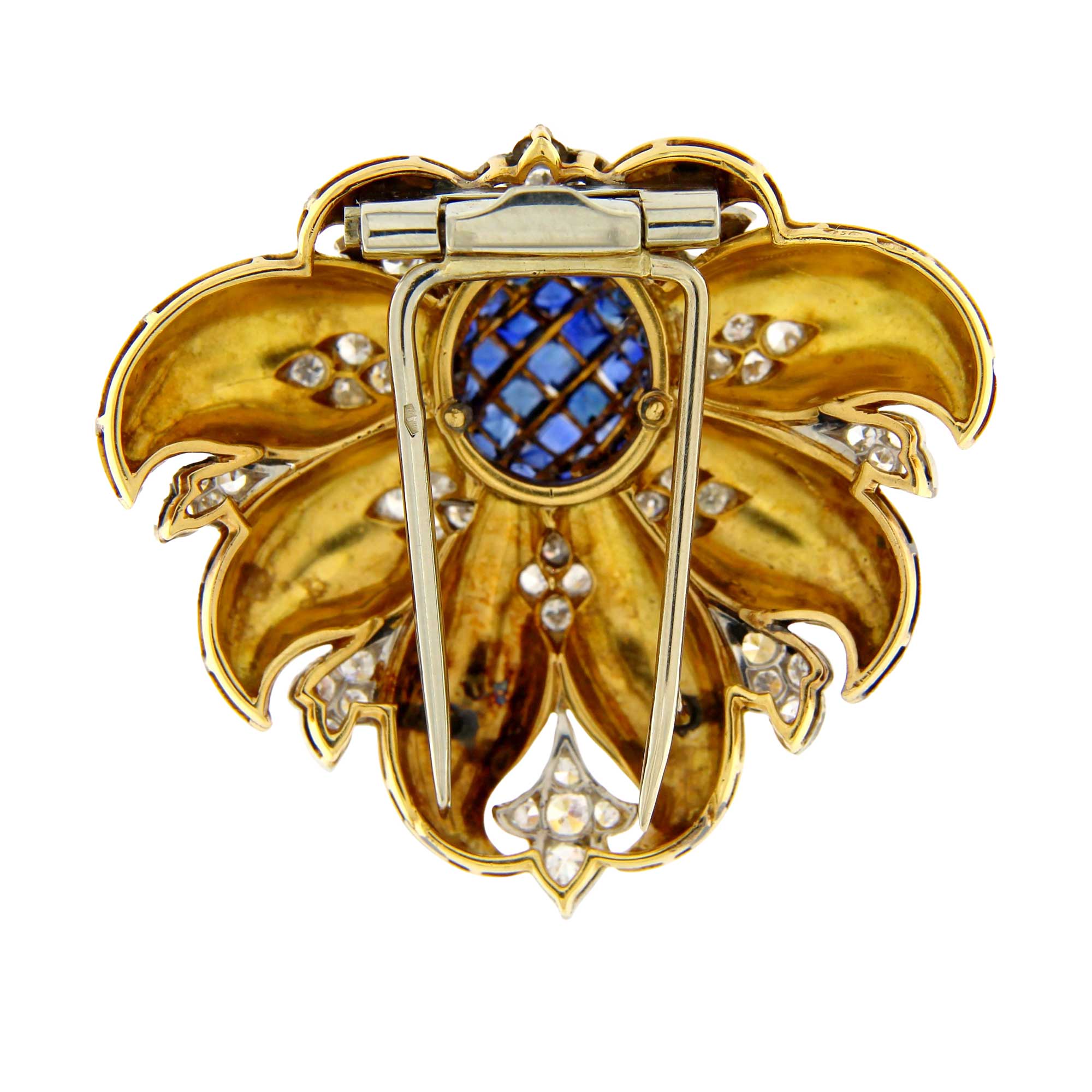 Spilla in oro giallo e bianco Cusi con diamanti 0,45 ct e zaffiri - immagine 2