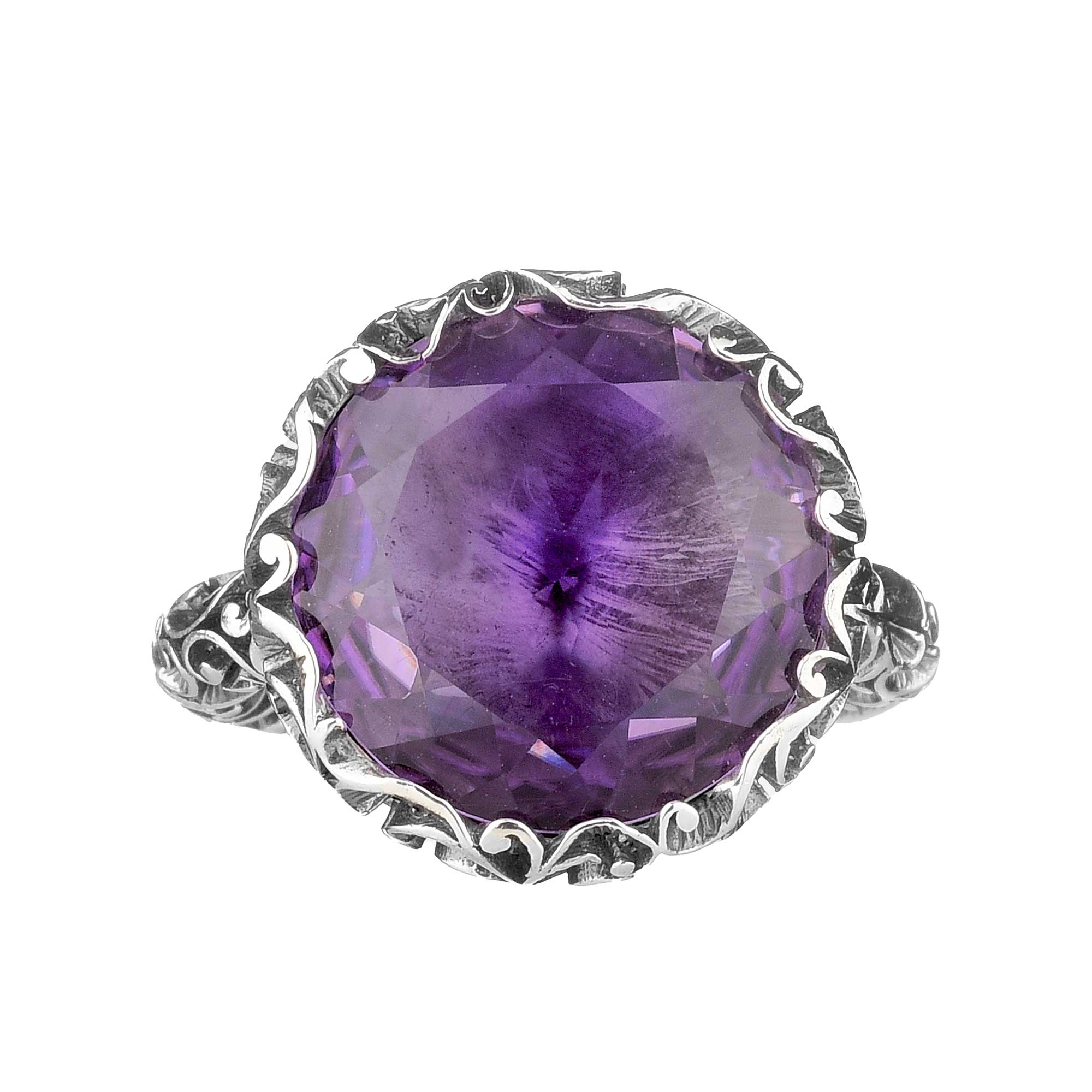 Cabochon Anello in argento intagliato con pietra tonda ametista - immagine 2