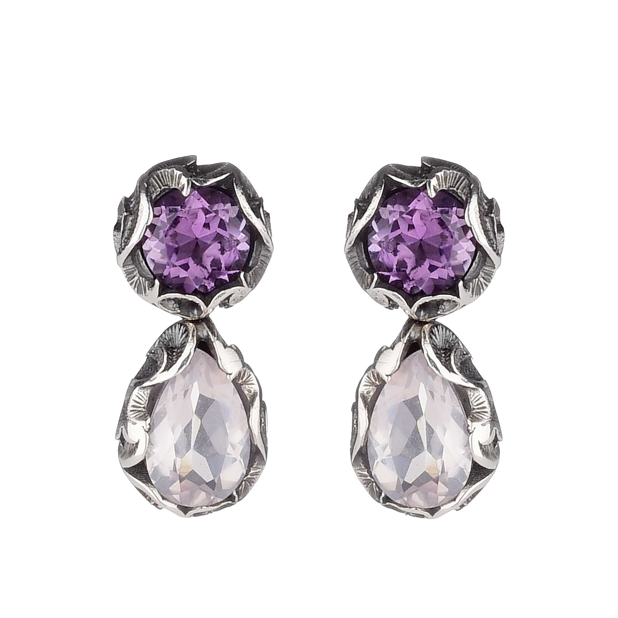 Shri Orecchini in argento con 2 pietre rosa e ametista
