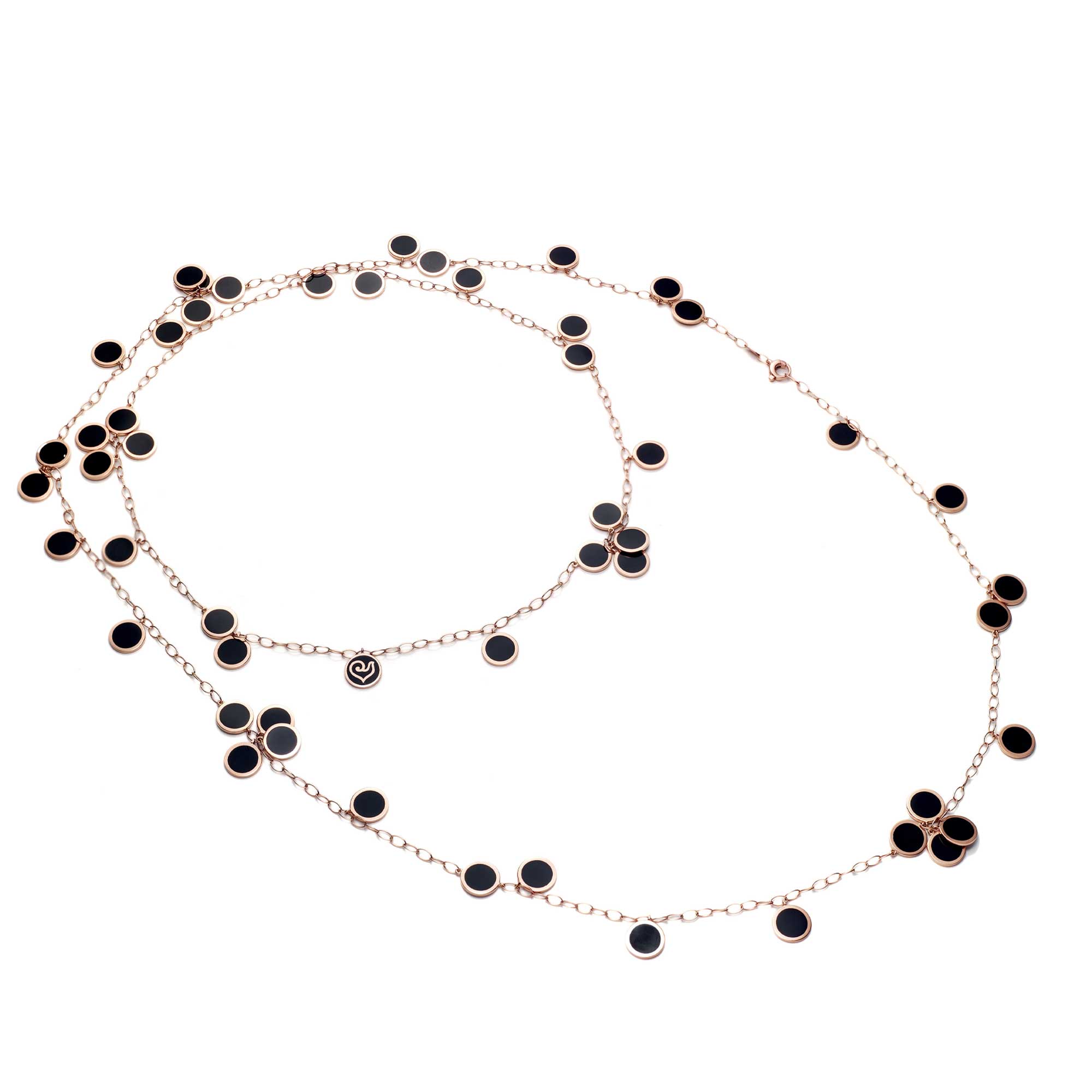Paillettes long necklace in 18Kt pink gold and black enamel
