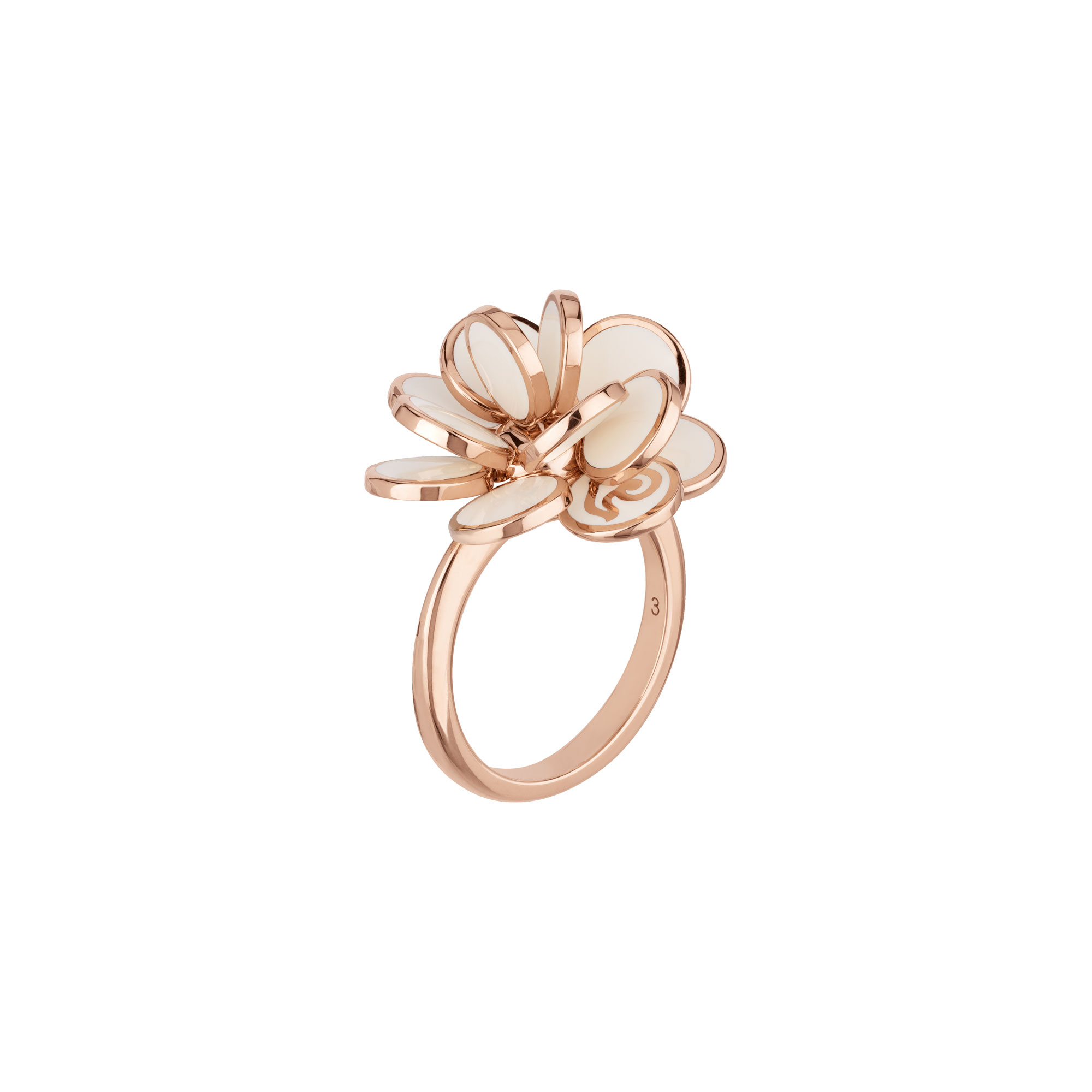 Anello fiore Paillettes piccolo in oro rosa 18Kt e smalto bianco