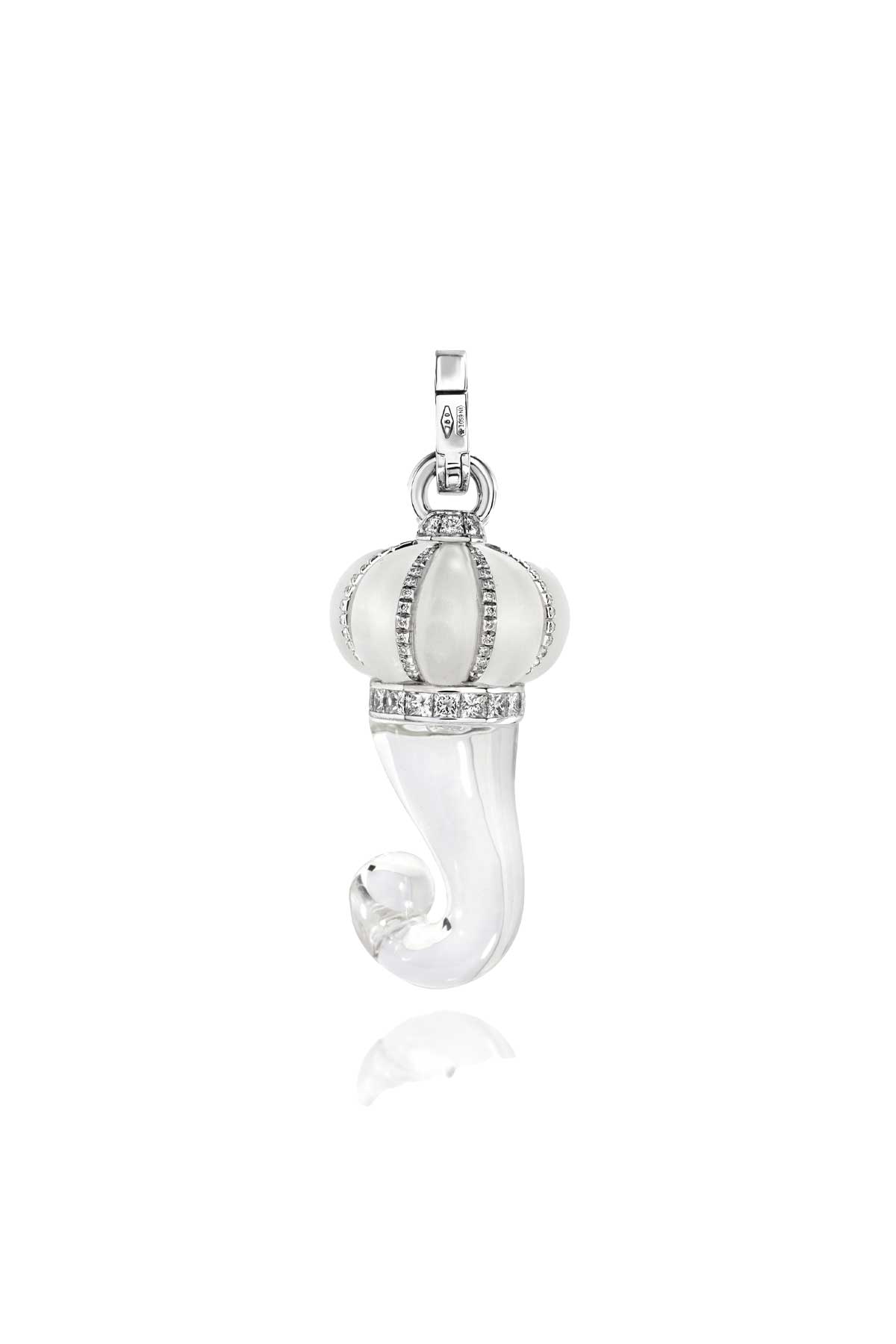 Ciondolo Corno medio in oro bianco 18kt con diamanti e cristallo di rocca trasparente fesonato e sabbiato a mano - immagine 2