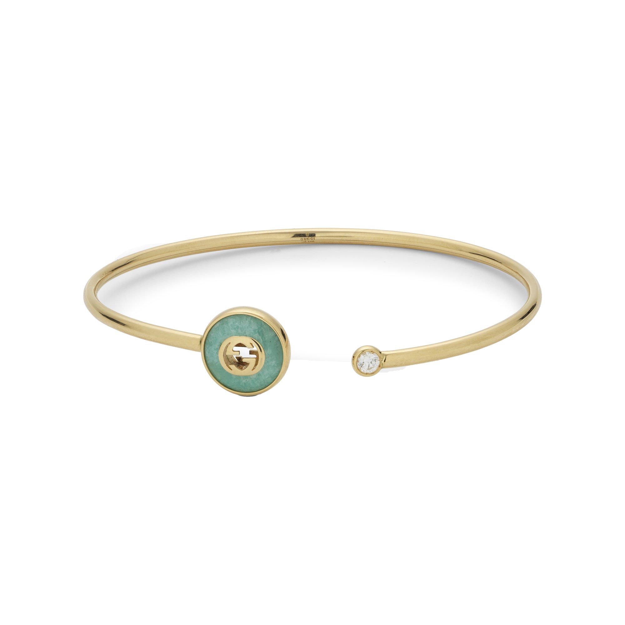 BRACCIALE RIGIDO GUCCI INTERLOCKING IN ORO 18 CARATI CON AMAZZONITE E 1 DIAMANTE BIANCO