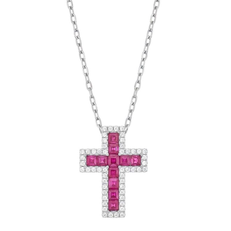 I Gioielli del Sole Collana oro bianco con croce brillanti 0,26 ct e baguette rubini 0,77 ct