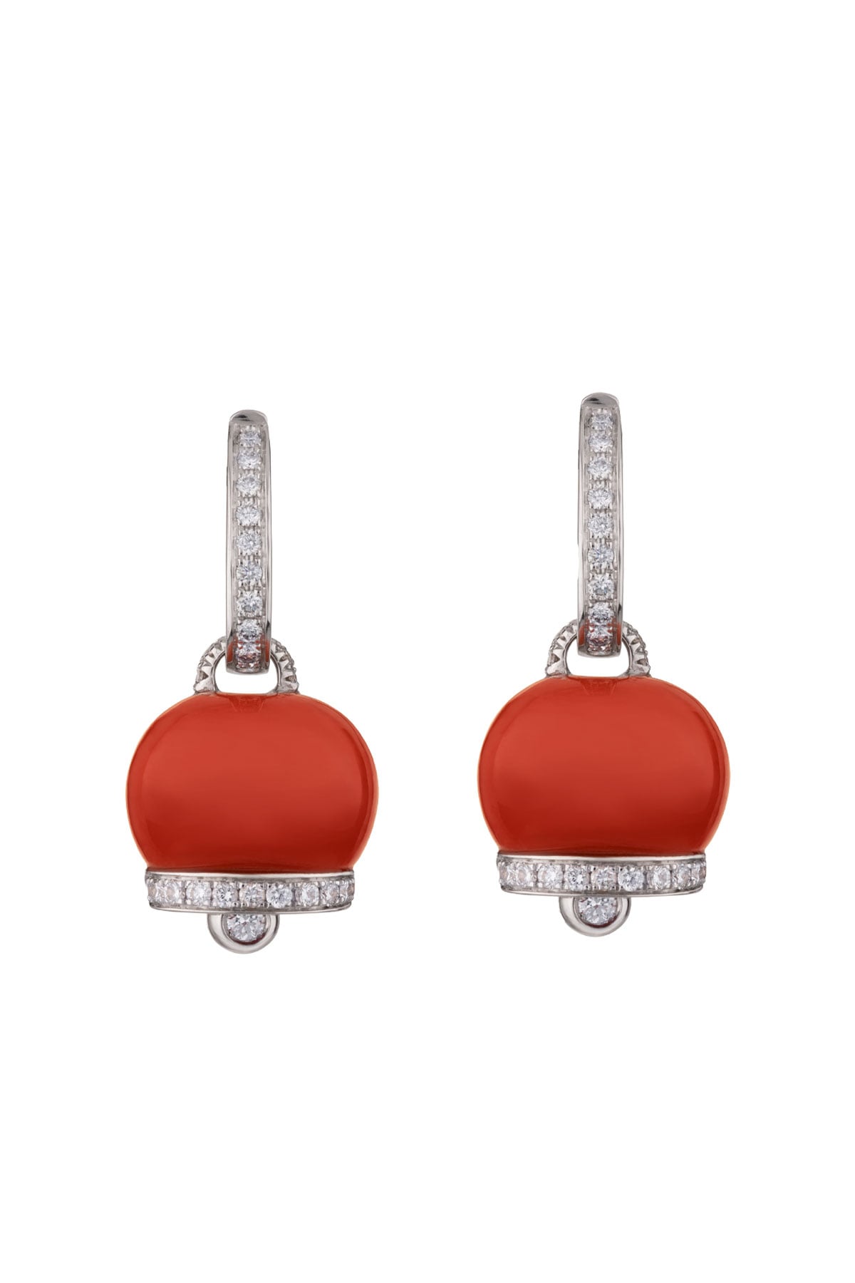 Orecchini Campanella medi in oro bianco 18Kt diamanti e corallo rosso