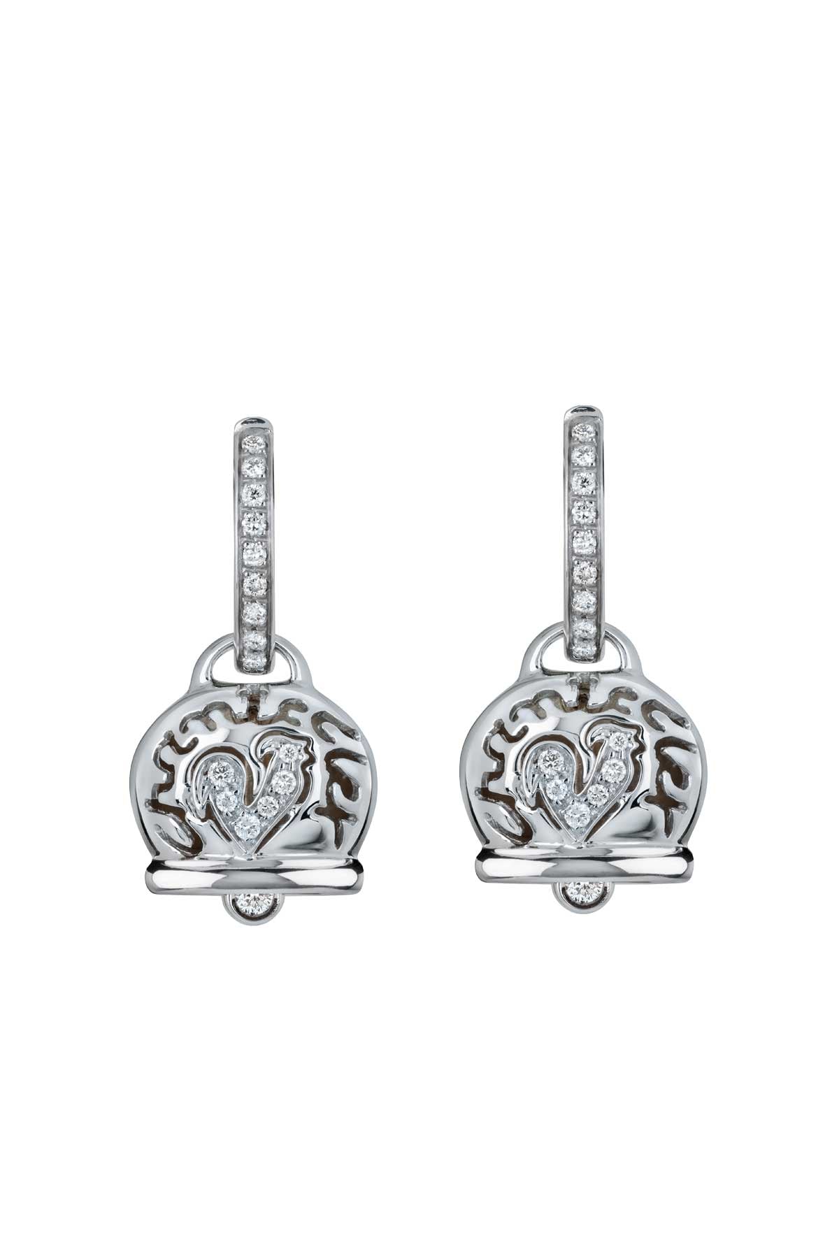 Orecchini Campanella medi in oro bianco 18Kt diamanti e gallo in pavé di diamanti