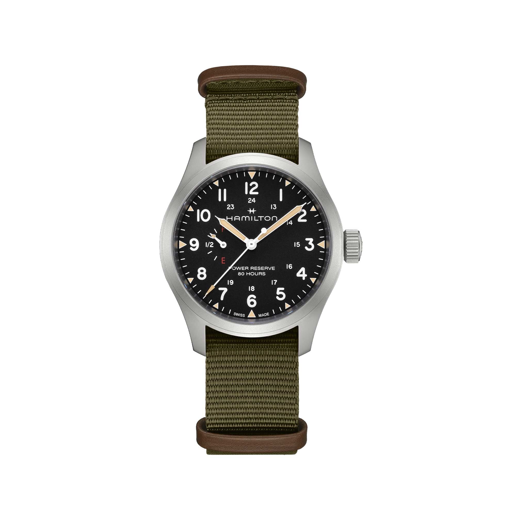 KHAKI FIELD MECHANICAL POWER RESERVE 40 MM QUADRANTE NERO